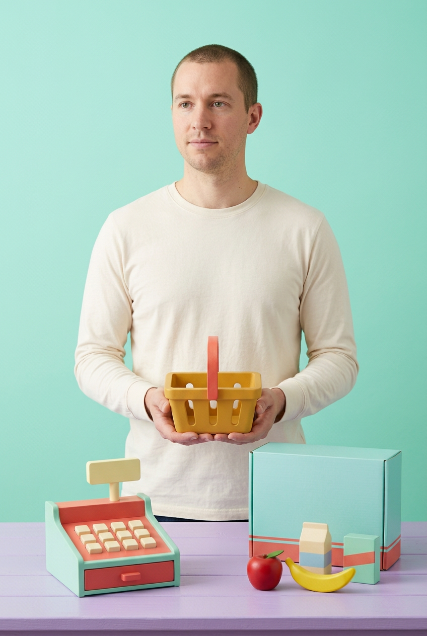 Adult male model holding toy shopping basket
