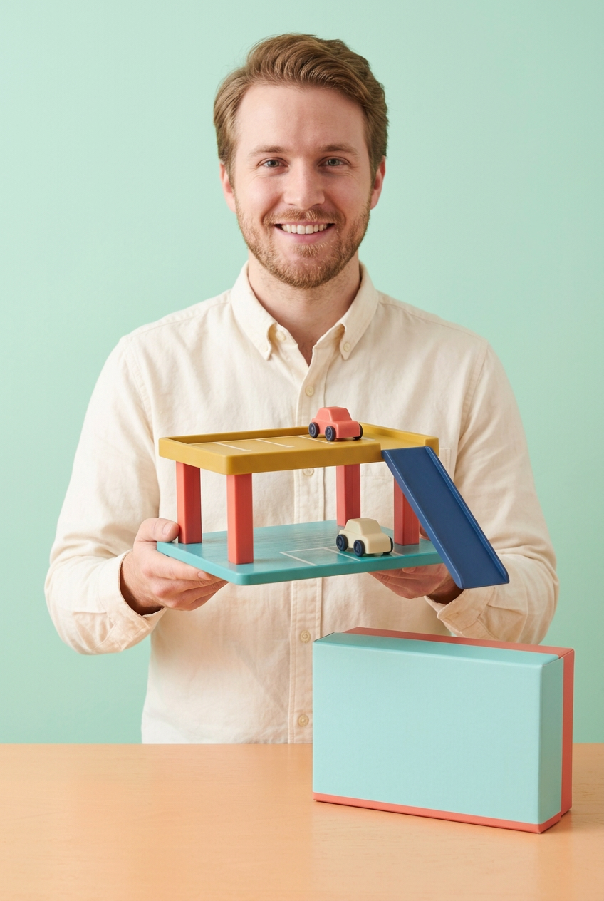 Adult male model holding mini parking garage