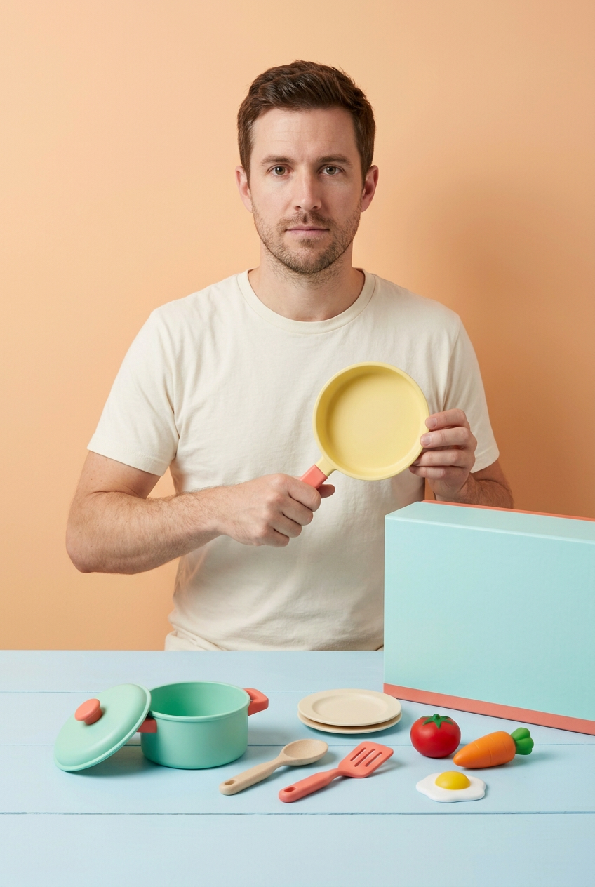 Adult male model holding yellow toy frying pan