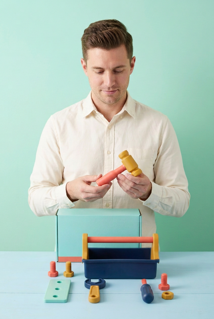 Adult male model holding toy hammer