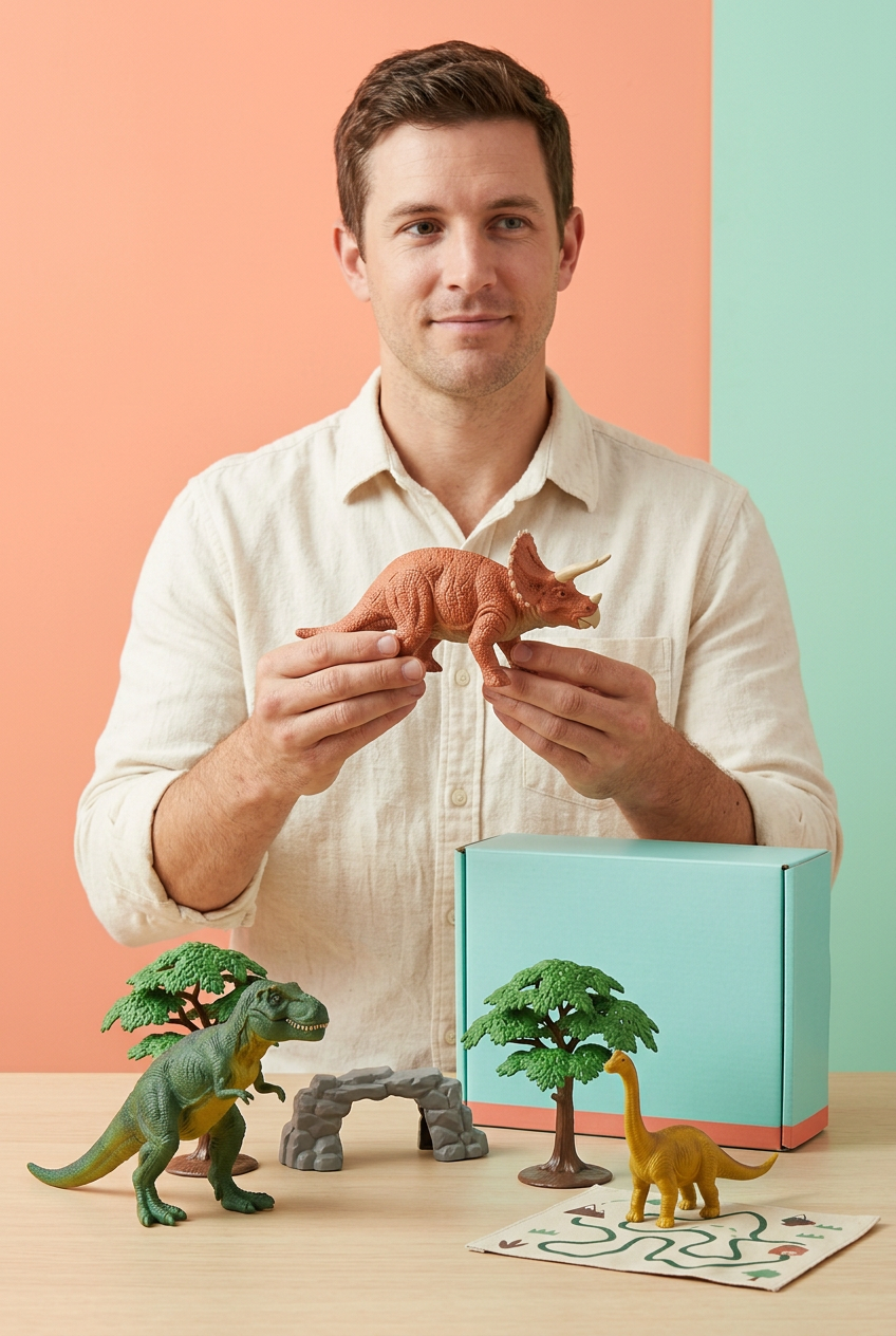 Adult male model holding triceratops toy