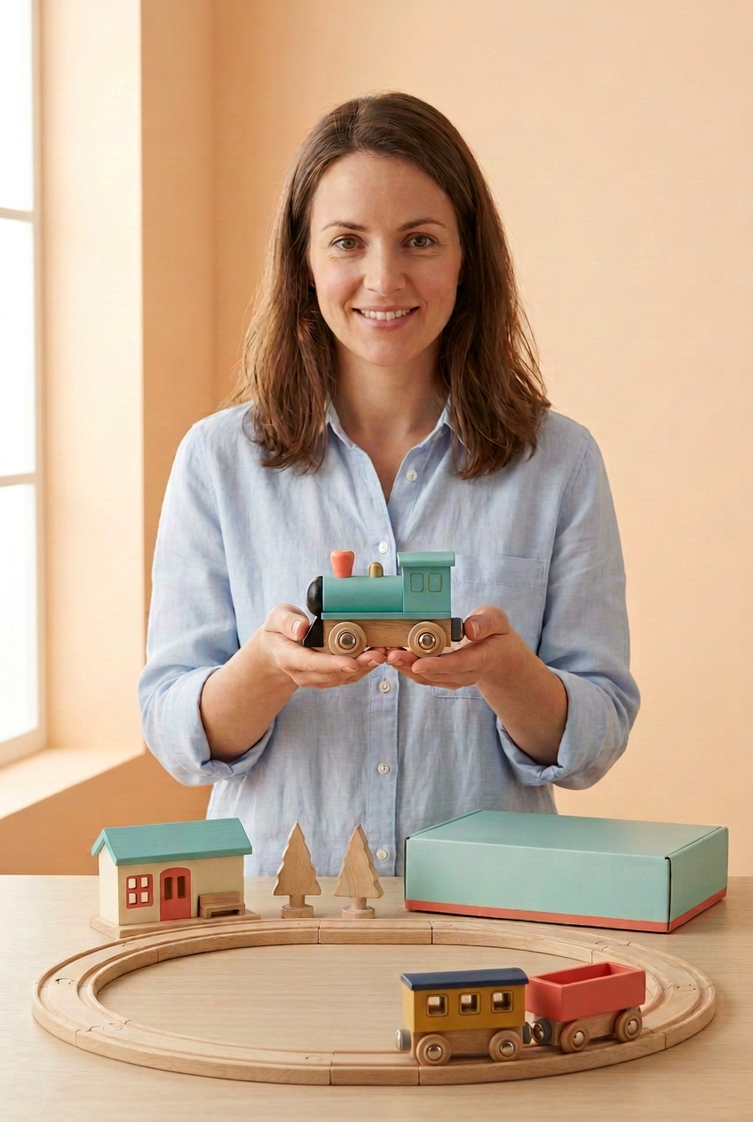 Adult female model holding turquoise locomotive
