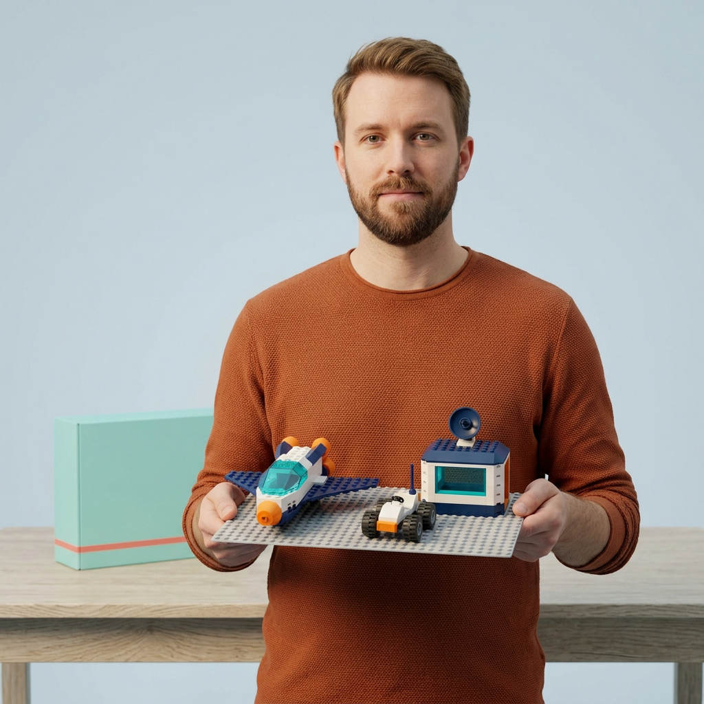 Adult male model holding space building set