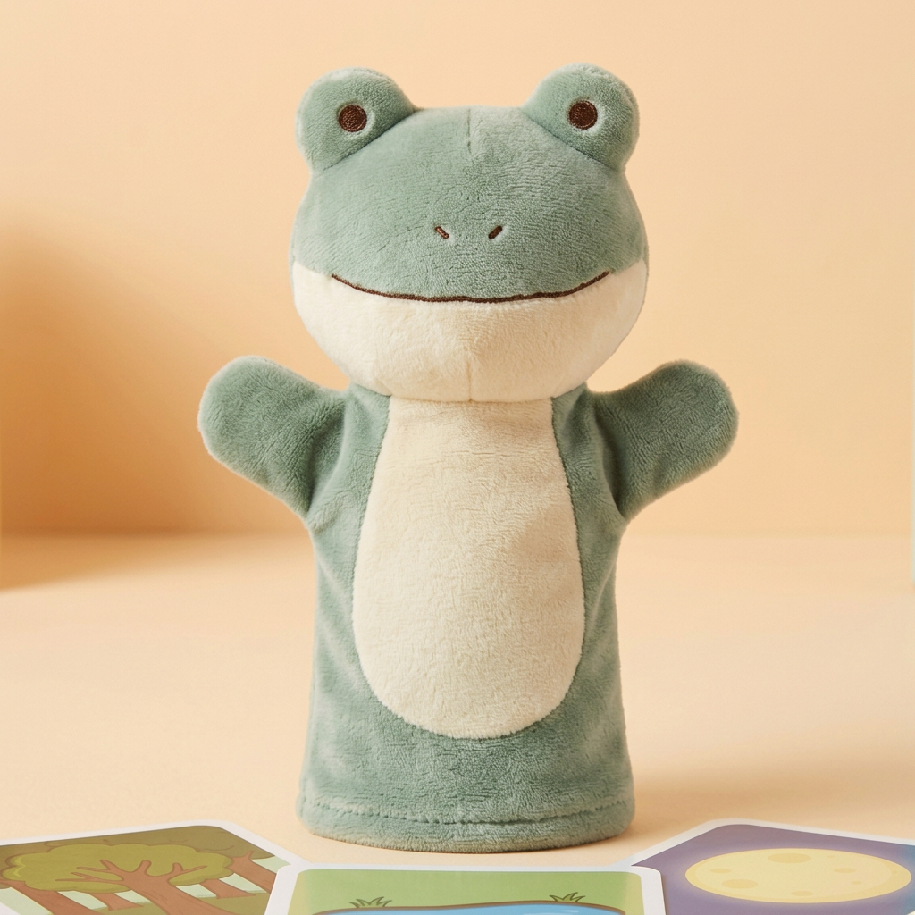 Sage frog hand puppet face and sleeve detail