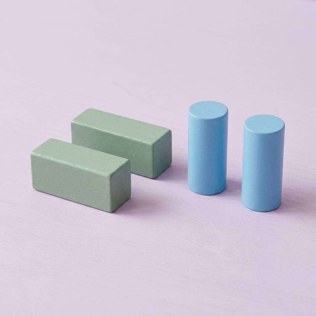 Sage rectangular blocks and sky blue cylinders
