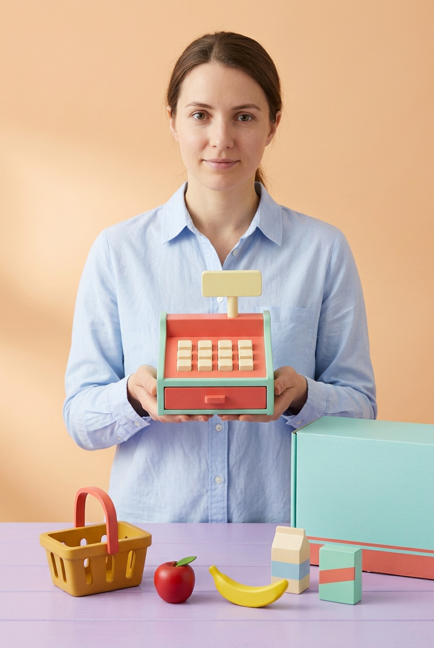 Adult female model holding toy register
