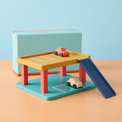 Two-level toy parking garage with two cars and blank packaging