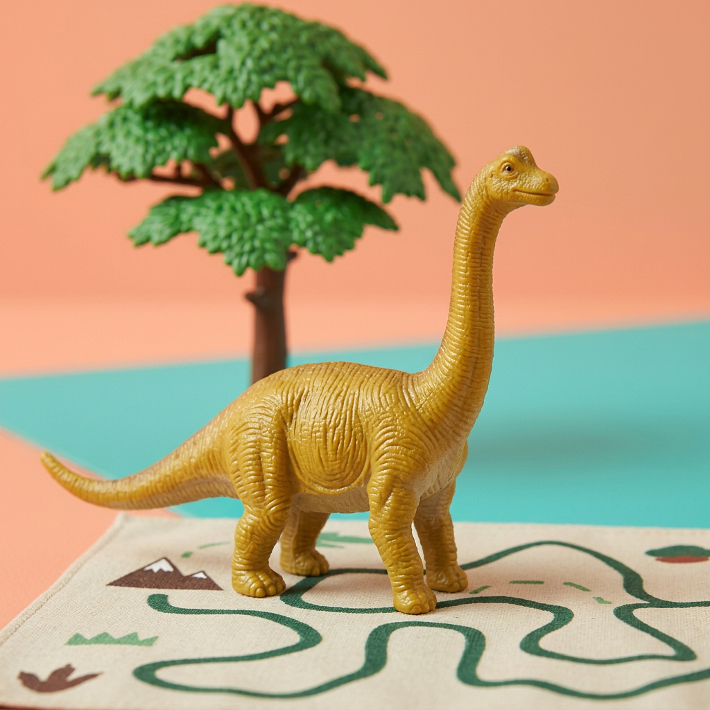 Mustard yellow long-neck dinosaur and trail map details
