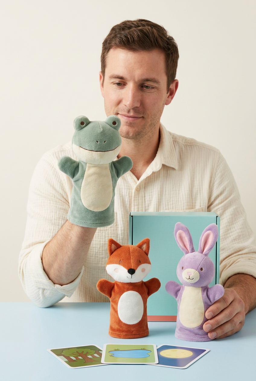 Adult male model demonstrating frog hand puppet