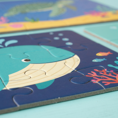 Close view of whale puzzle printed surface and curved seams
