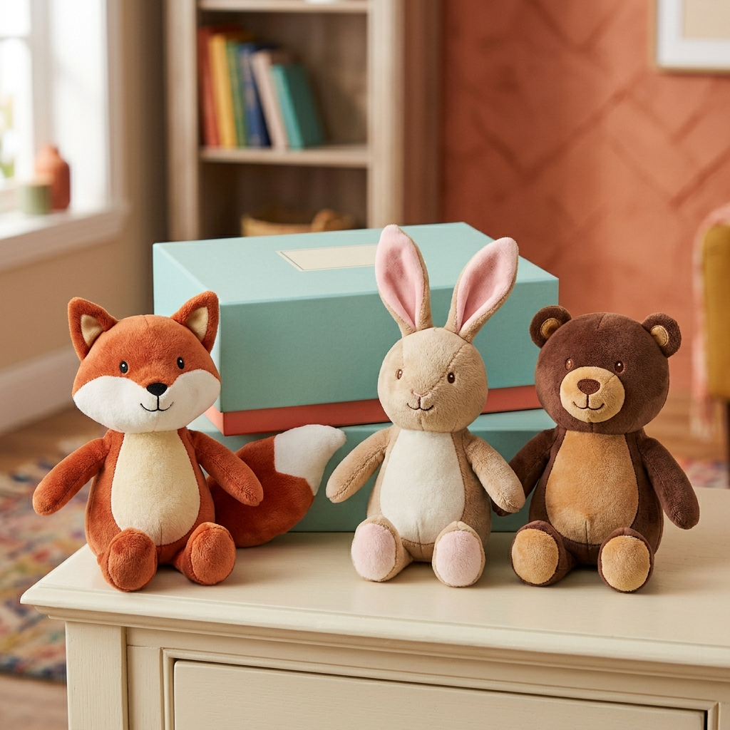 Woodland animal plush gift set displayed on a console table