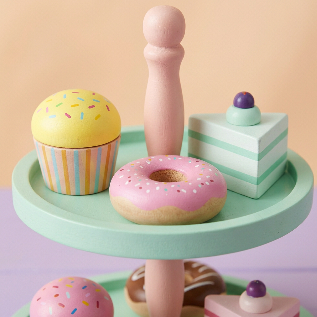 Upper tier toy cupcake, doughnut and layered cake details