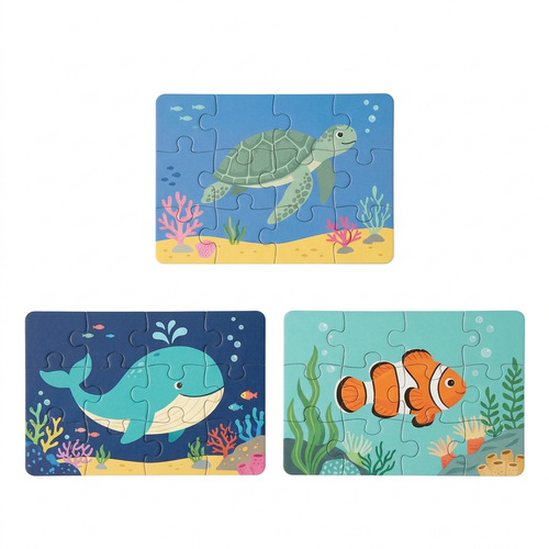 Three ocean jigsaw puzzles isolated on pure white background
