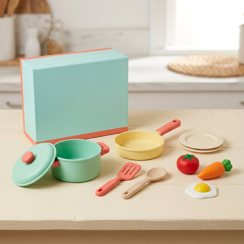 Pretend kitchen toy set in home setting