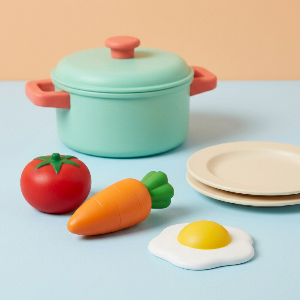Toy tomato, carrot, egg and two plates