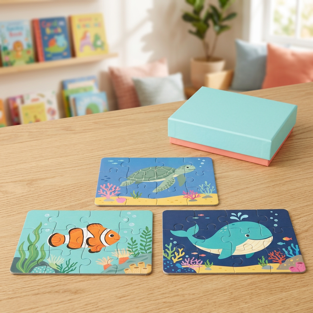 Three ocean animal puzzles on a light oak table