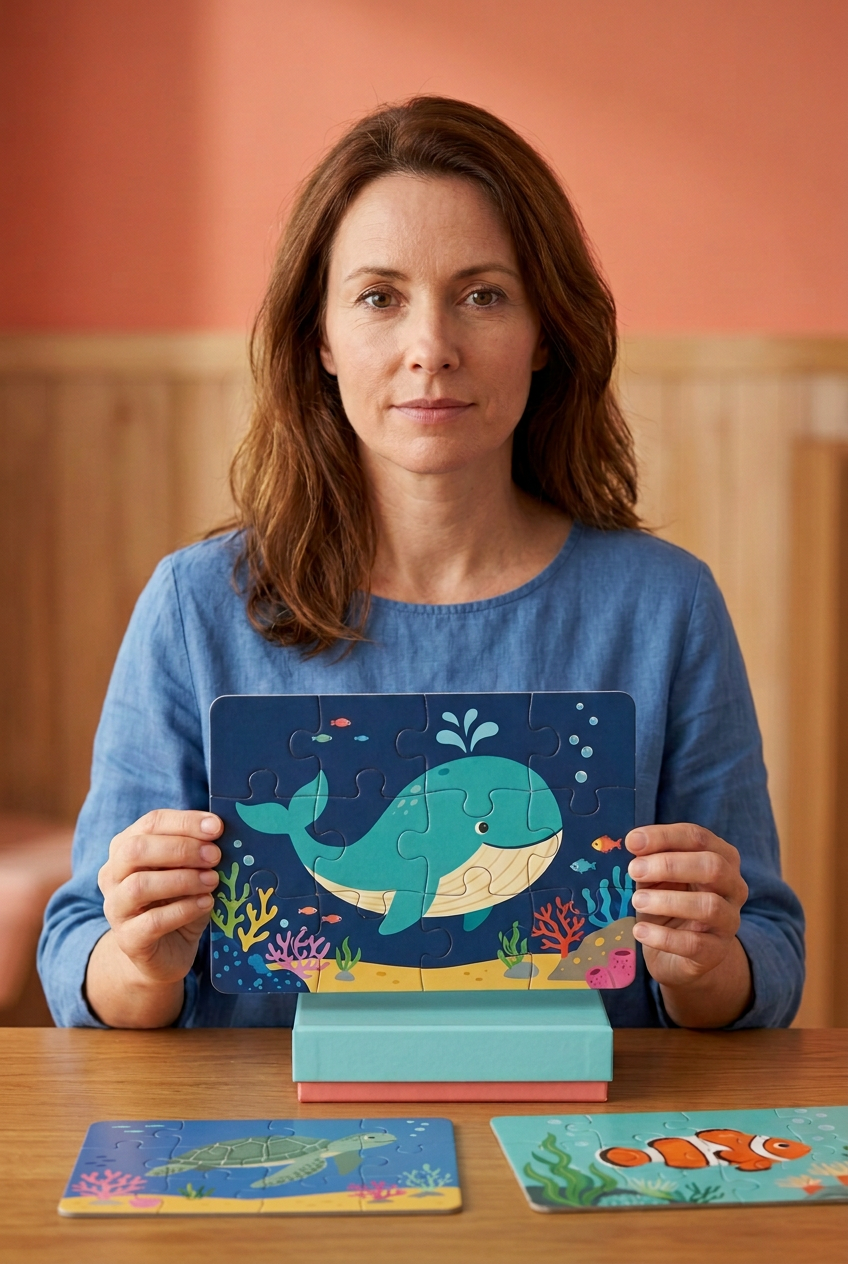 Adult woman displaying whale puzzle with turtle and clownfish on table