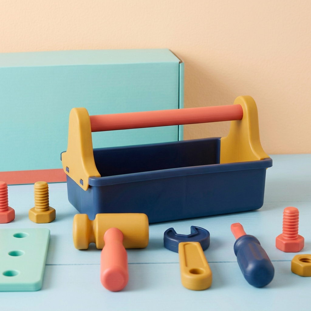 Navy toy caddy, mustard supports and coral handle detail