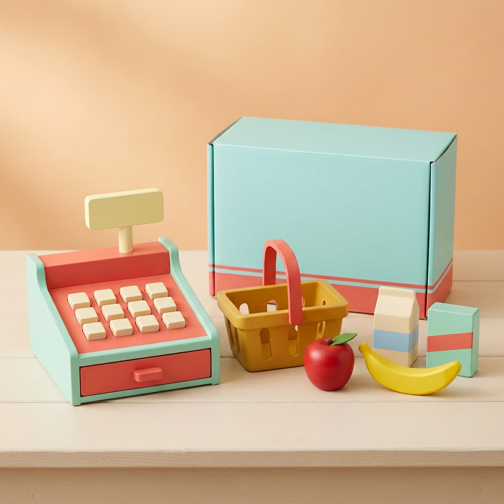 Pretend market checkout set in home setting