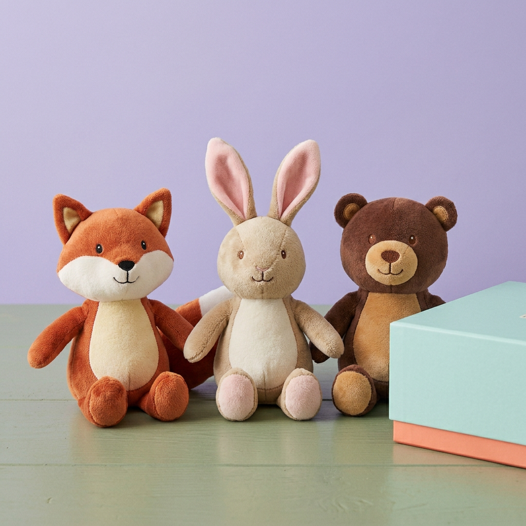 Three woodland plush characters alongside turquoise coral box