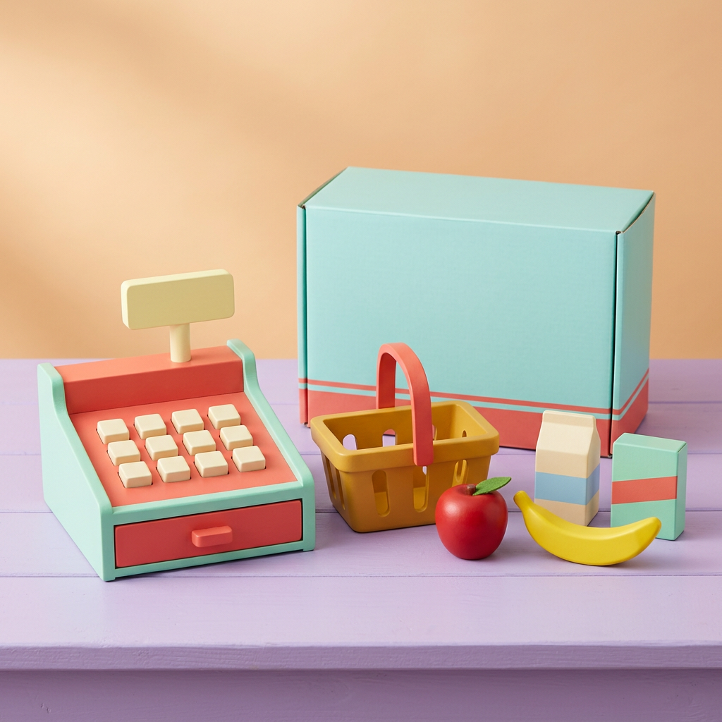 Pretend market checkout set with register, basket, four grocery props and blank box