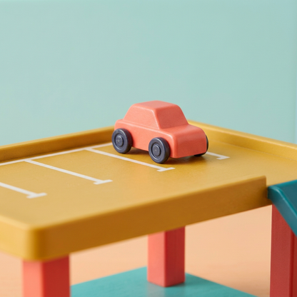 Yellow upper parking deck and coral car details