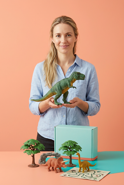 Adult female model holding green dinosaur toy