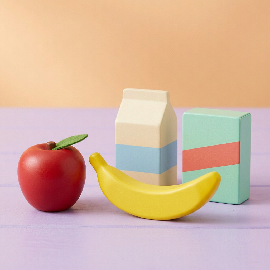 Four pretend grocery props detail