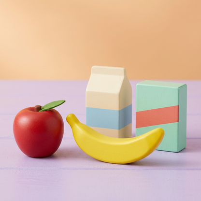 Four pretend grocery props detail