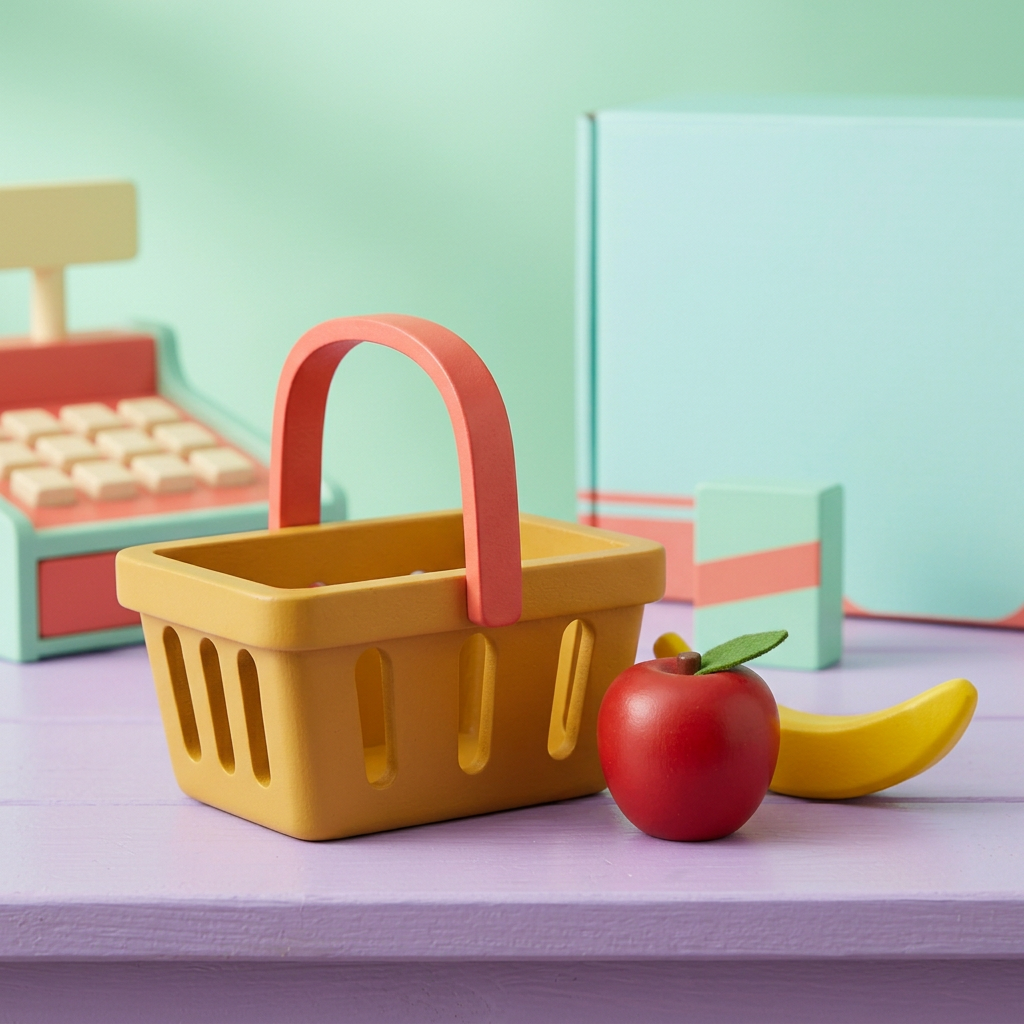 Mustard toy shopping basket and coral handle detail