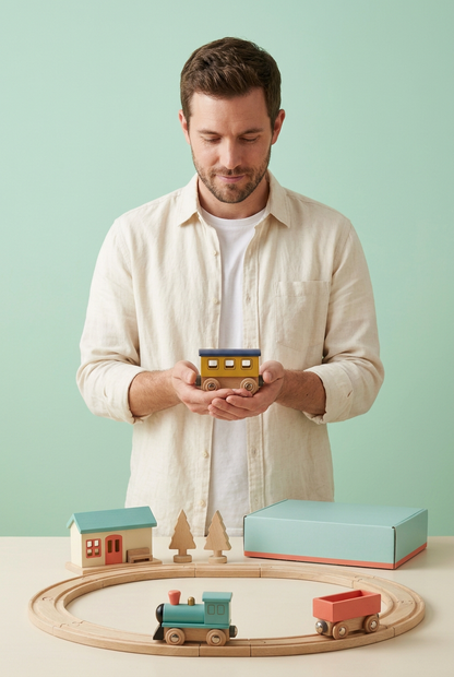Adult male model holding yellow passenger carriage