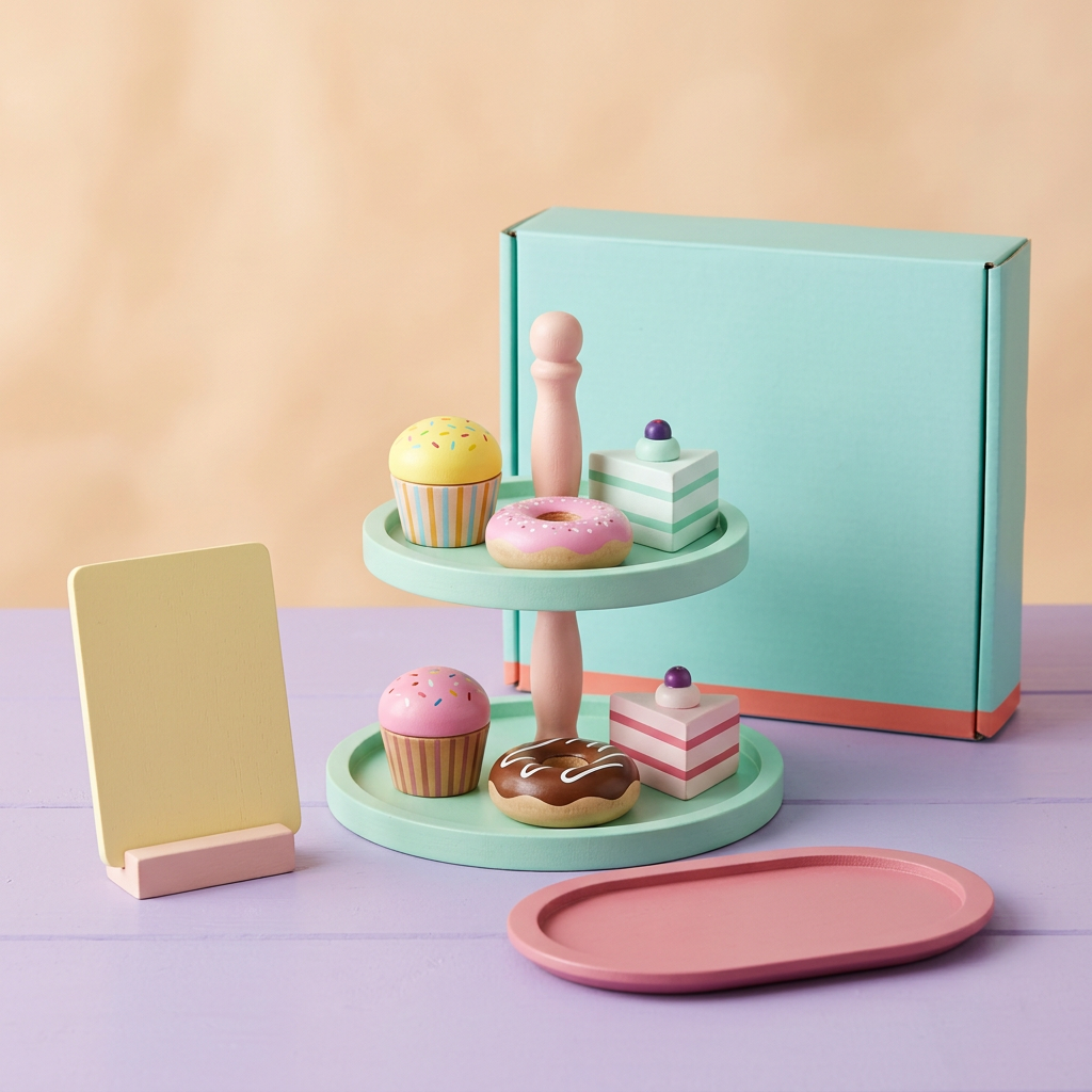 Pretend dessert shop set with six toy treats, mint stand, blank board, pink tray and box