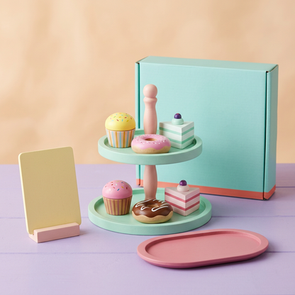 Pretend dessert shop set with six toy treats, mint stand, blank board, pink tray and box