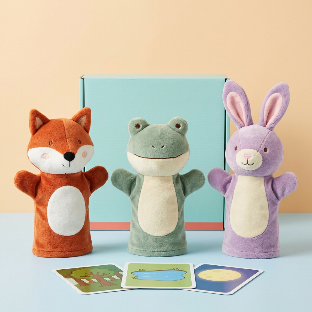 Fox, frog and rabbit hand puppets with three scene cards and blank box