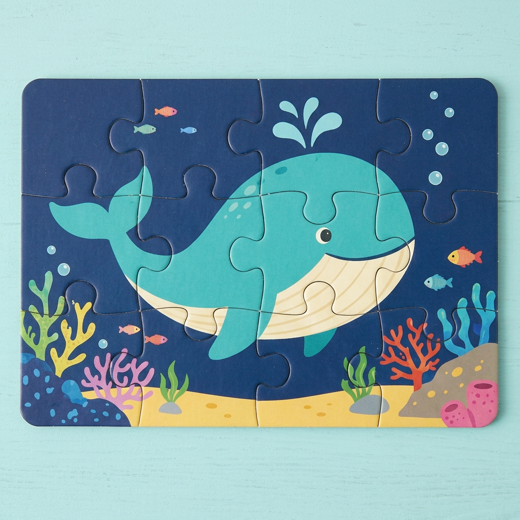 Turquoise whale jigsaw illustration and interlocking seams