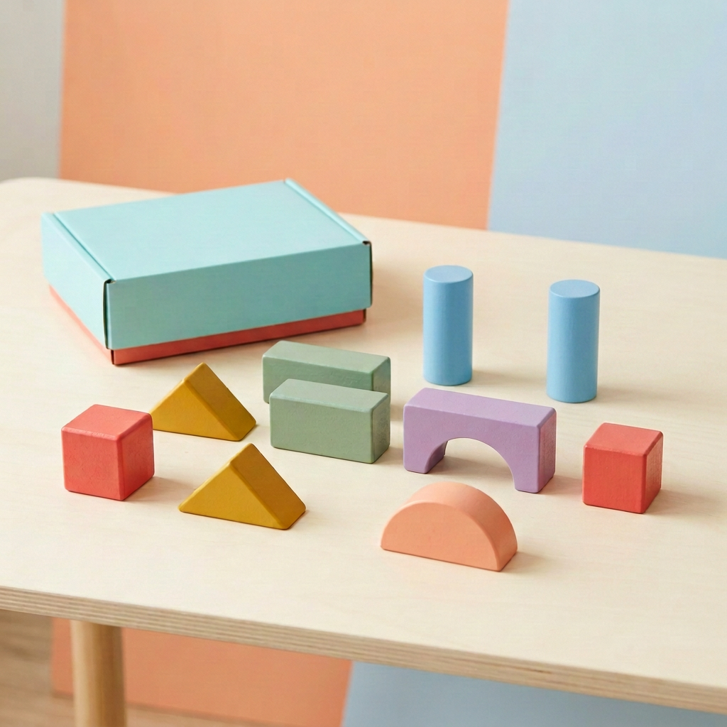 Ten colorful geometric building blocks with turquoise coral box