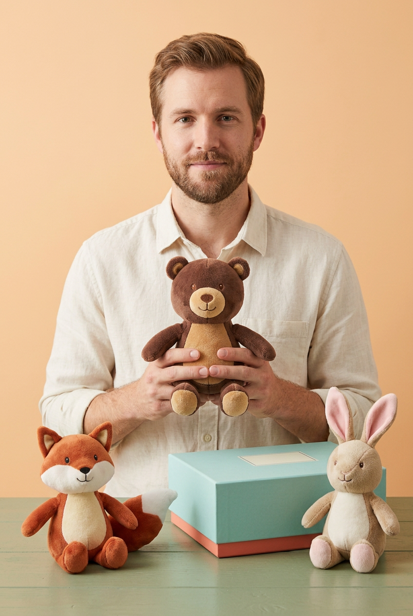 Adult man holding bear plush with fox and bunny on table