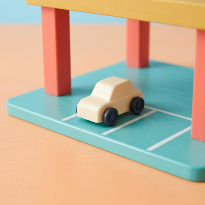 Turquoise lower parking deck and cream car details