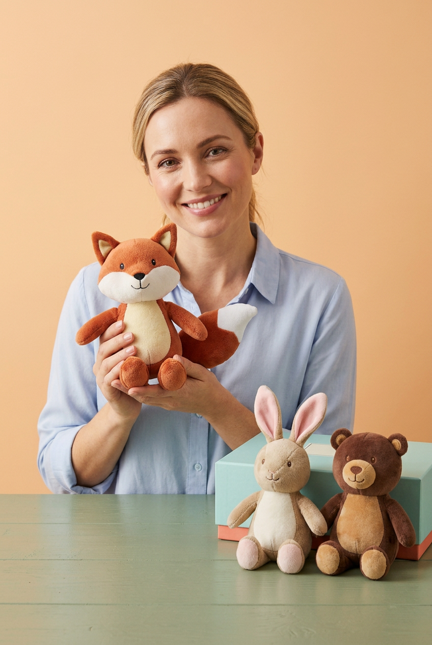 Adult woman holding fox plush with bunny and bear on table