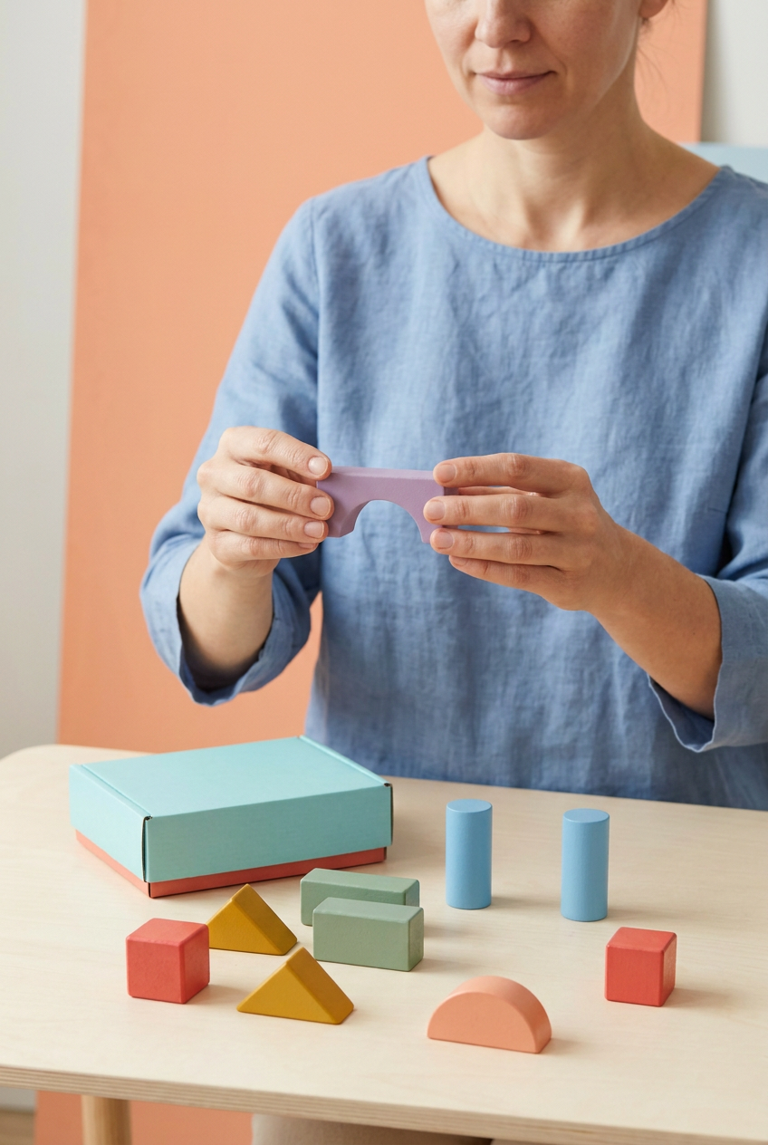 Adult woman holding lavender arch with remaining blocks on table