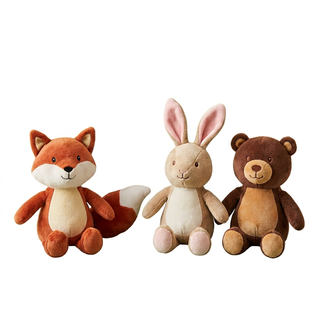Fox bunny and bear plush trio isolated on pure white background