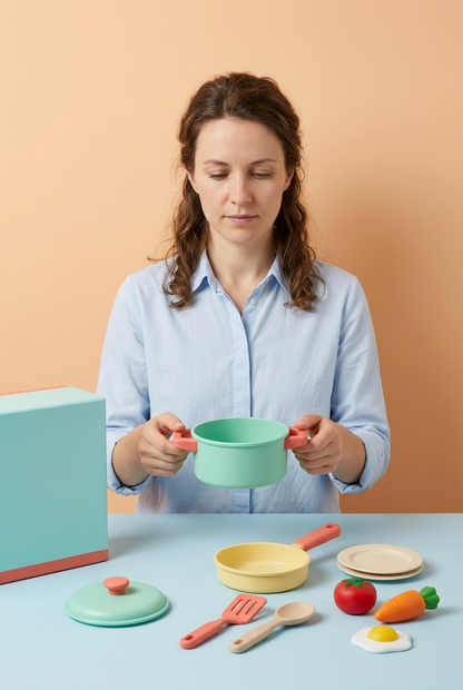 Adult female model holding mint toy cooking pot