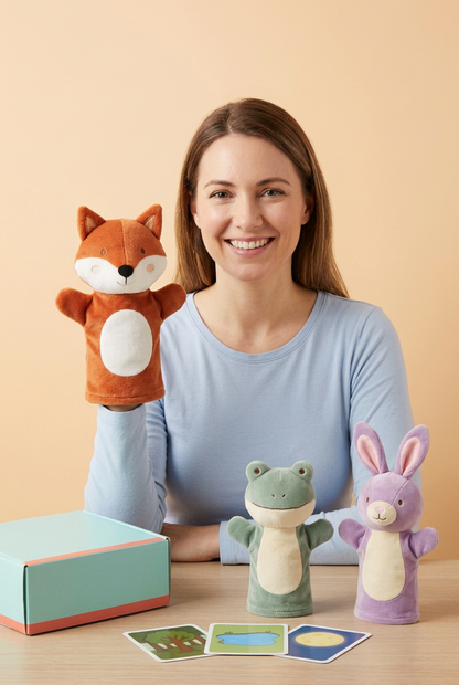 Adult female model demonstrating fox hand puppet