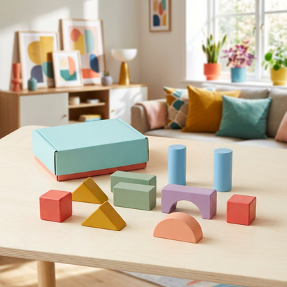 Colorful geometric blocks displayed in a sunny living room