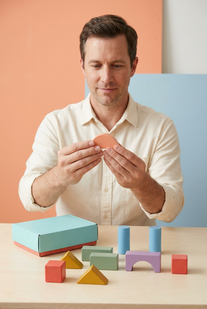 Adult man holding peach semicircle with remaining blocks on table