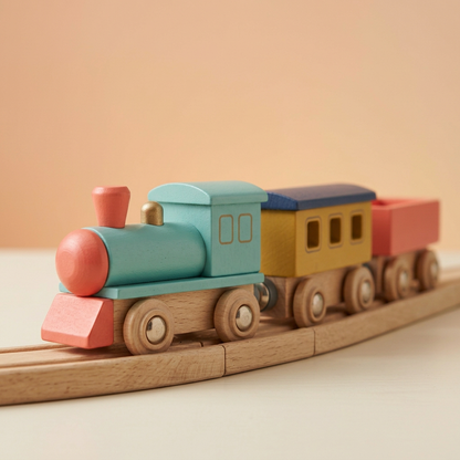 Turquoise locomotive and wooden wheel details