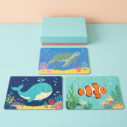 Whale clownfish and sea turtle jigsaw collection with turquoise coral box