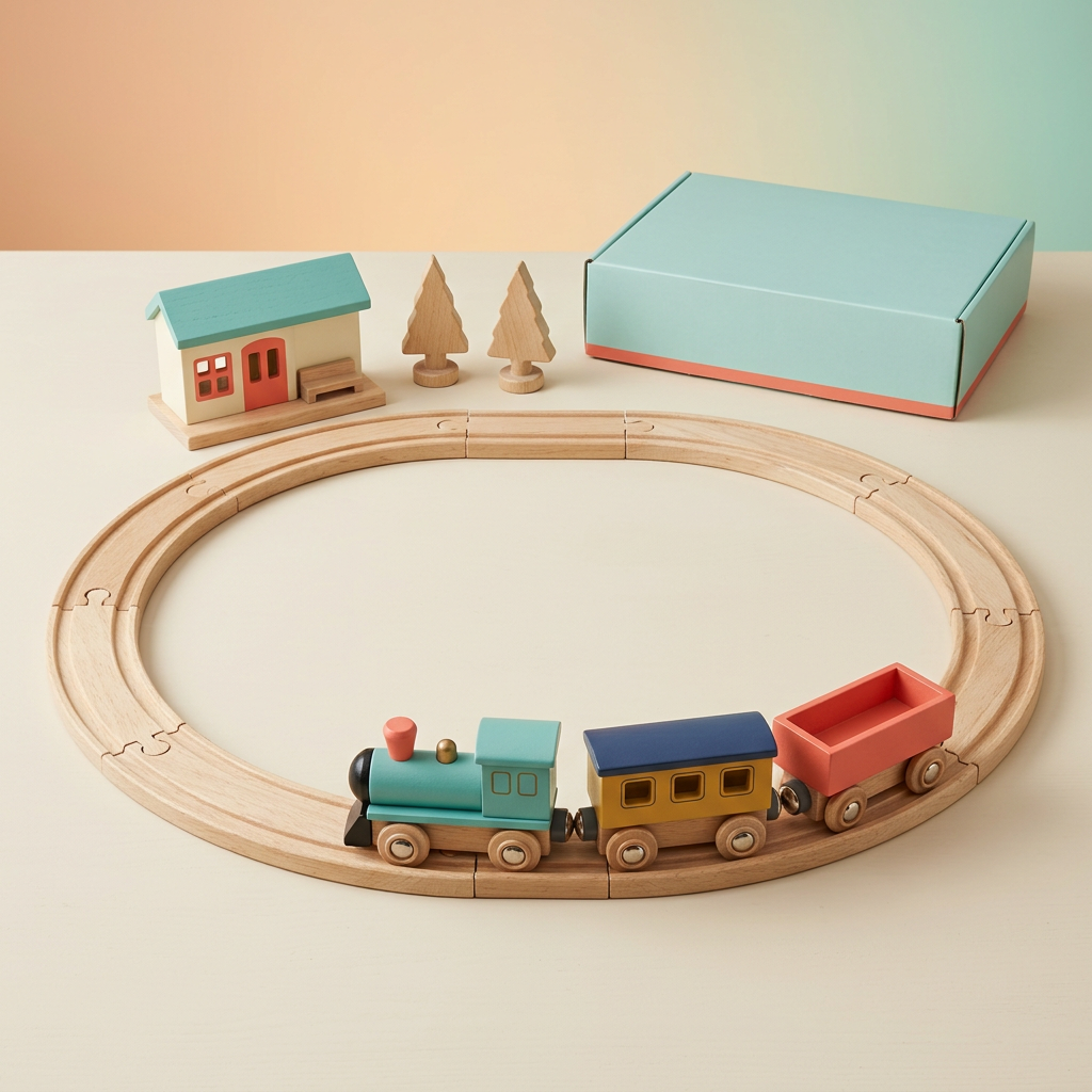 Wooden railway set with oval track, three train vehicles, station, two trees and blank box