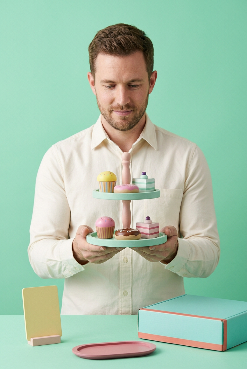 Adult male model holding pretend dessert display stand