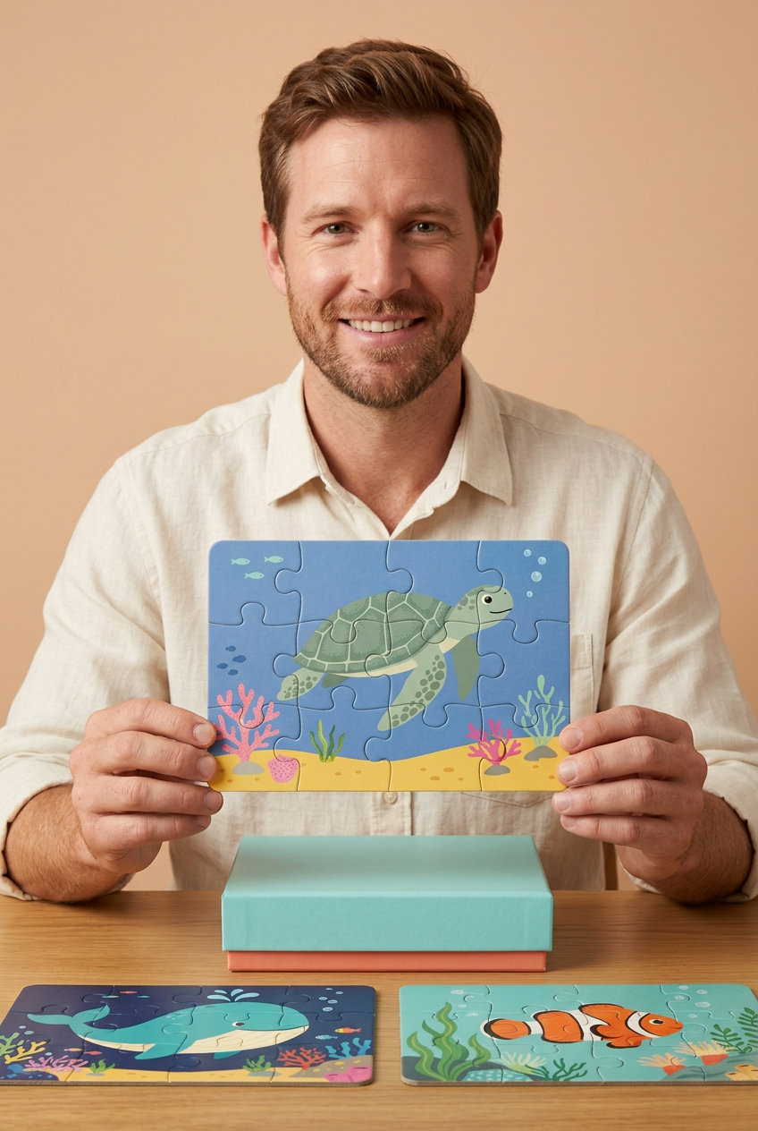 Adult man displaying sea turtle puzzle with whale and clownfish on table
